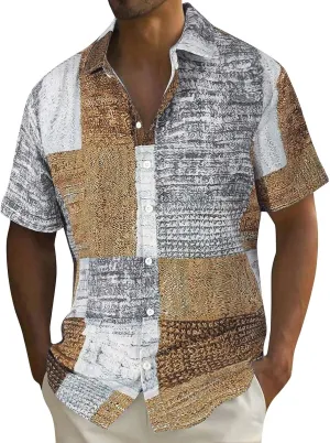 Graphic Button Down Shirts for Men Casual Vintage Patchwork Print Short Sleeve Tropical Summer Hawaiian Beach Shirts