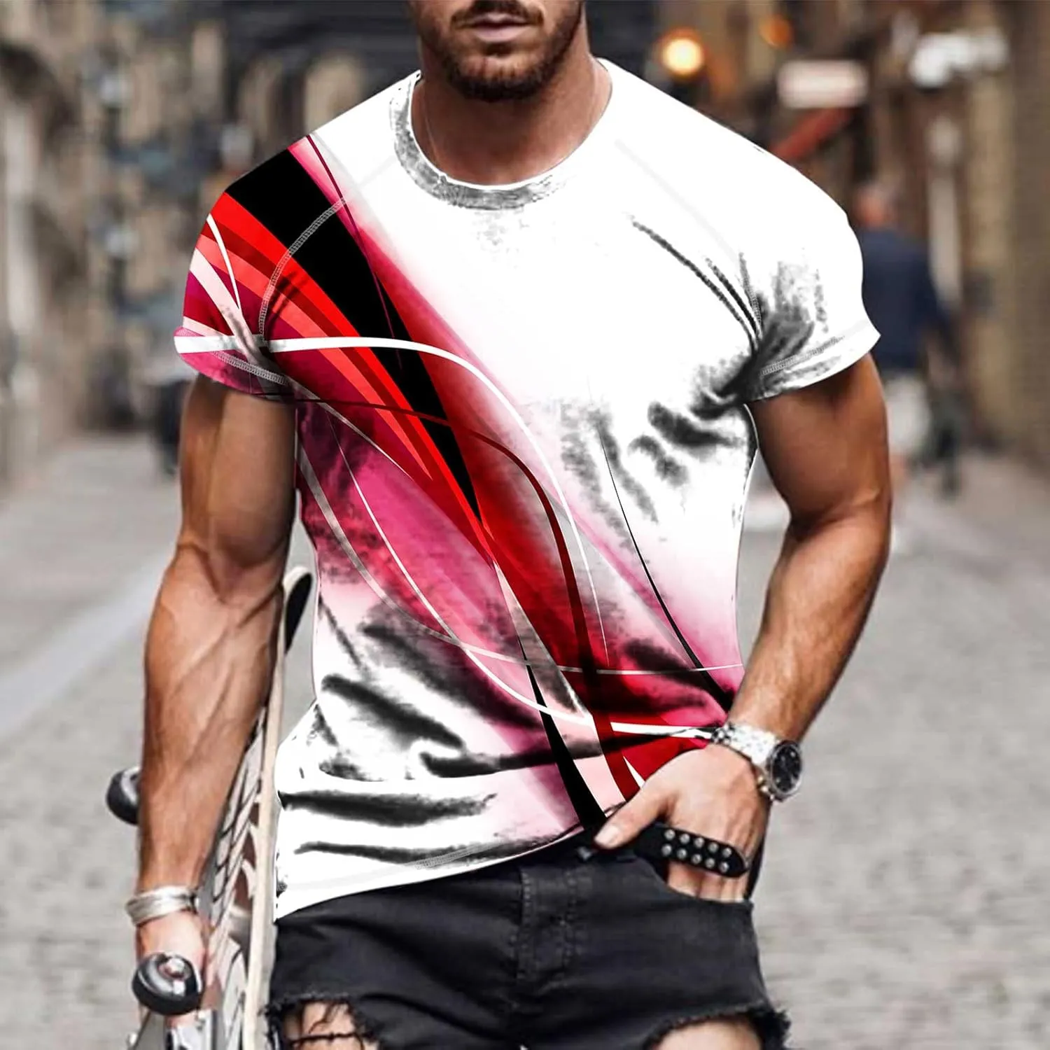 Graphic Tee Shirts for Men 2025 Fashion Short Sleeve Contrast Color Casual Shirt Loose Crewneck Beach Summer Tops