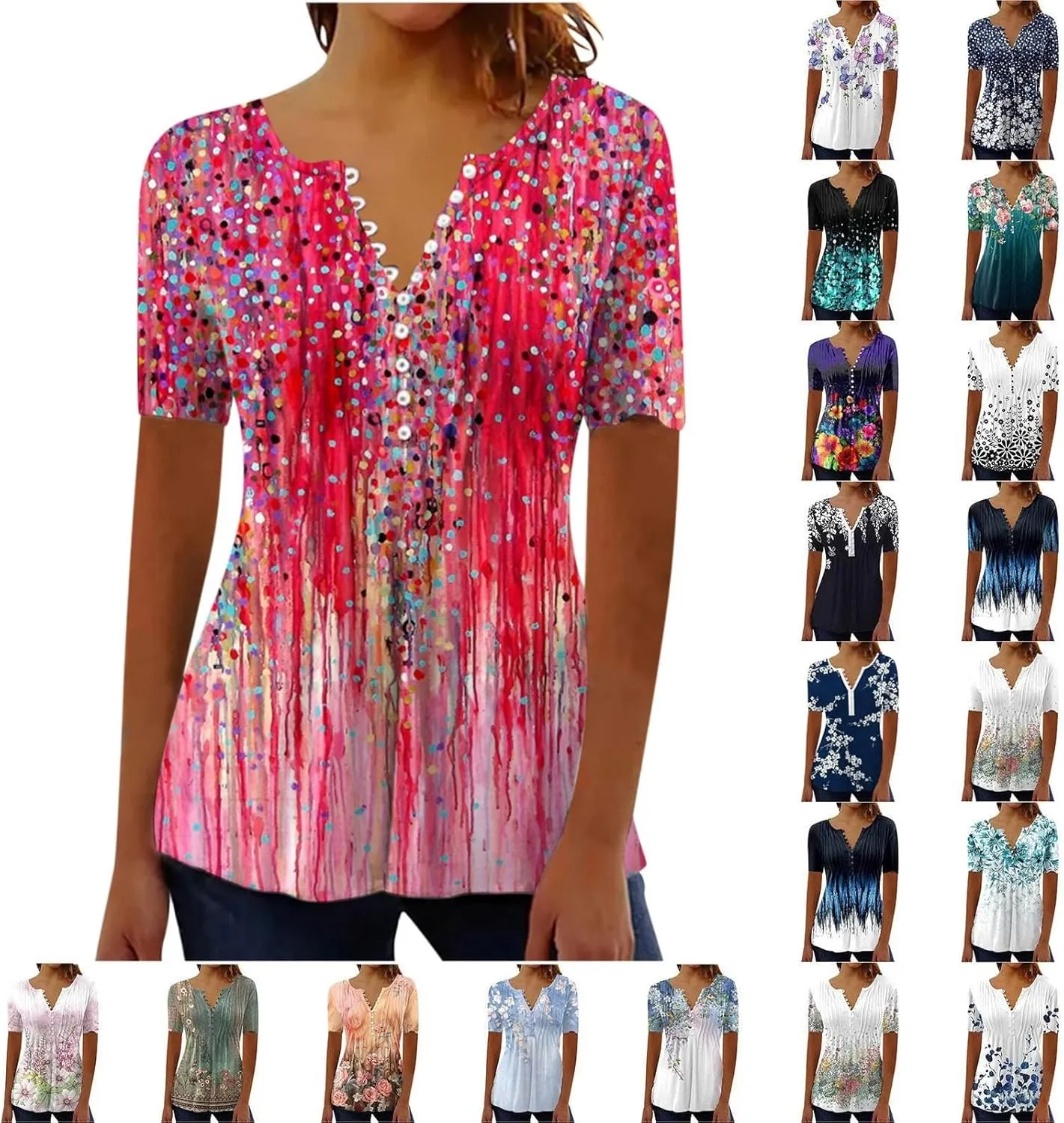 Graphic Tees for Women 2024 Trendy Short Sleeve Empire Waist Button Shirts Summer Casual Floral Print Bohemian Blouse