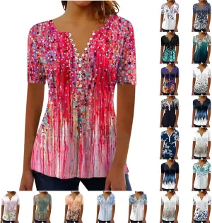 Graphic Tees for Women 2024 Trendy Short Sleeve Empire Waist Button Shirts Summer Casual Floral Print Bohemian Blouse