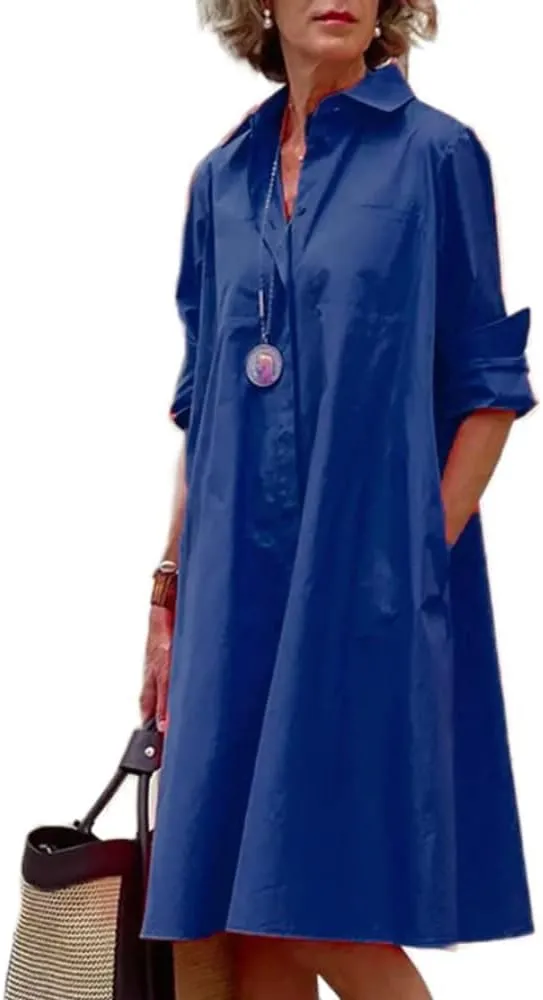 Guteidee Maxi Dress for Women Long Sleeve Floral Shirt Dress Cotton Linen Button Down V Neck Floral Shirt Dress