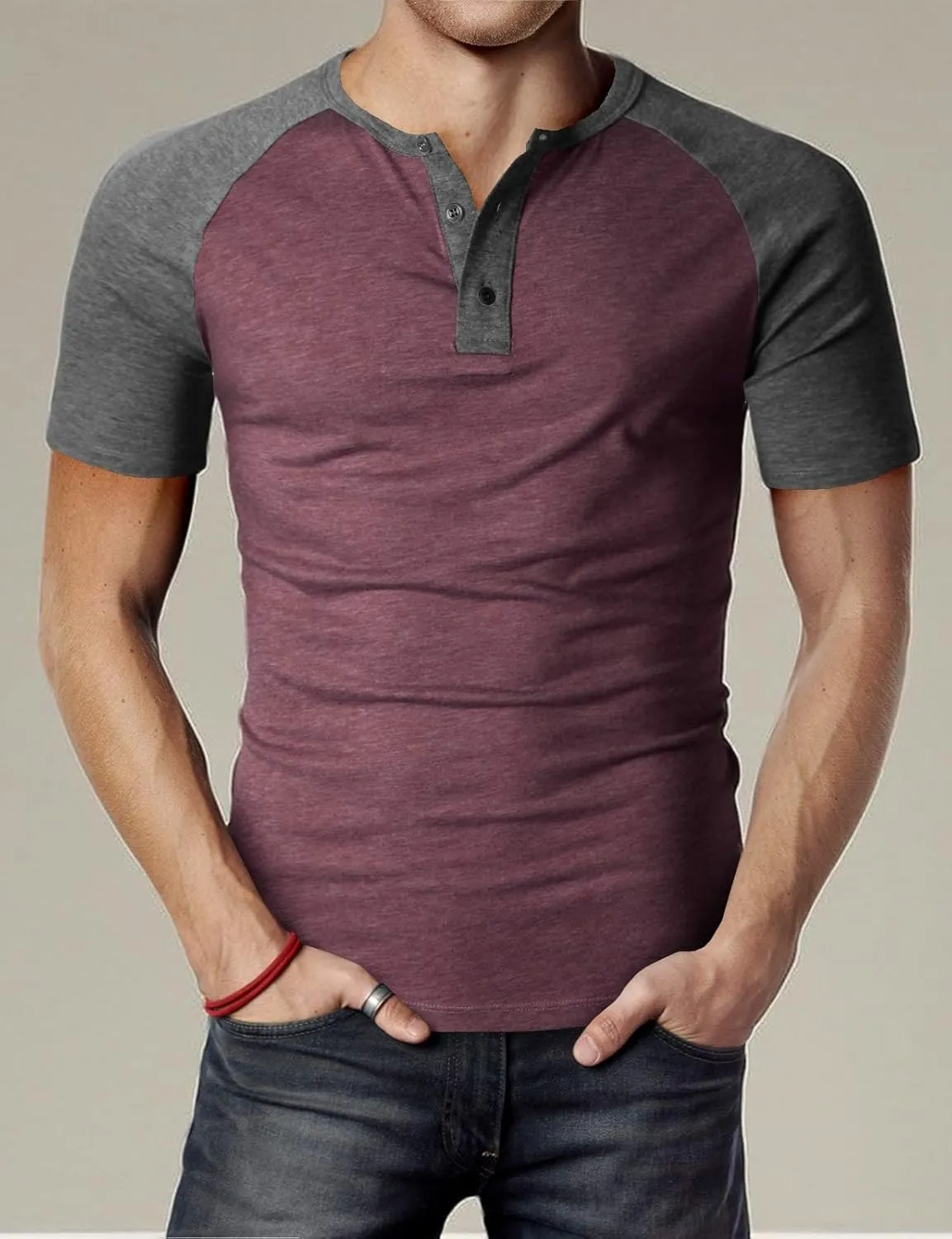 H2H Mens Henley - Raglan Short Sleeve Casual Slim Fit T-Shirts