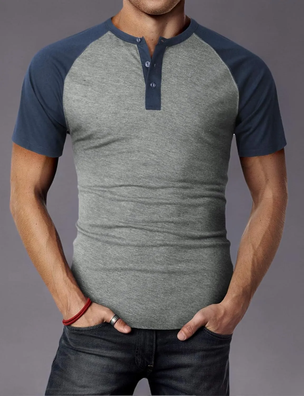 H2H Mens Henley - Raglan Short Sleeve Casual Slim Fit T-Shirts