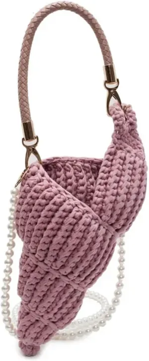 Handwoven Fashion Seashell Bag for Women Crochet Beach Bag Boho Clutch with Pearl Strap Leather Handle Unique Design