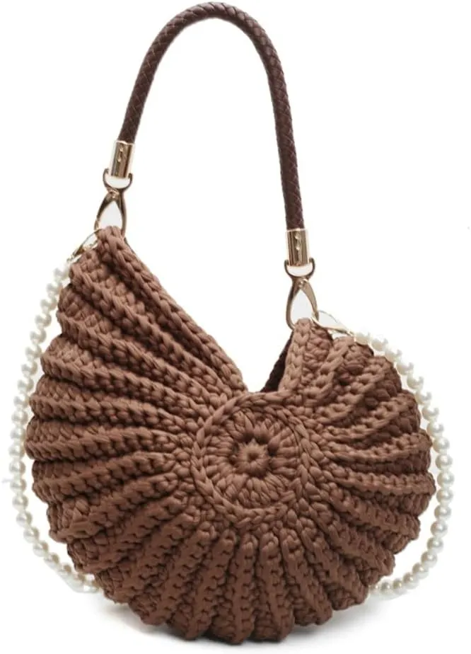 Handwoven Seashell Bag for Women Crochet Beach Bag Boho Clutch with Pearl Strap Leather Handle Unique Design 2025