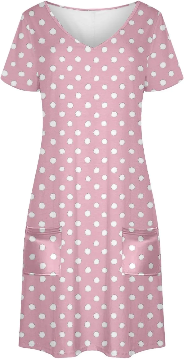 hlysgo Casual Dresses for Women 2025 Summer Polka Dots Tunic Dress Trendy Loose Short Sleeve V Neck Mini Dress with Pockets