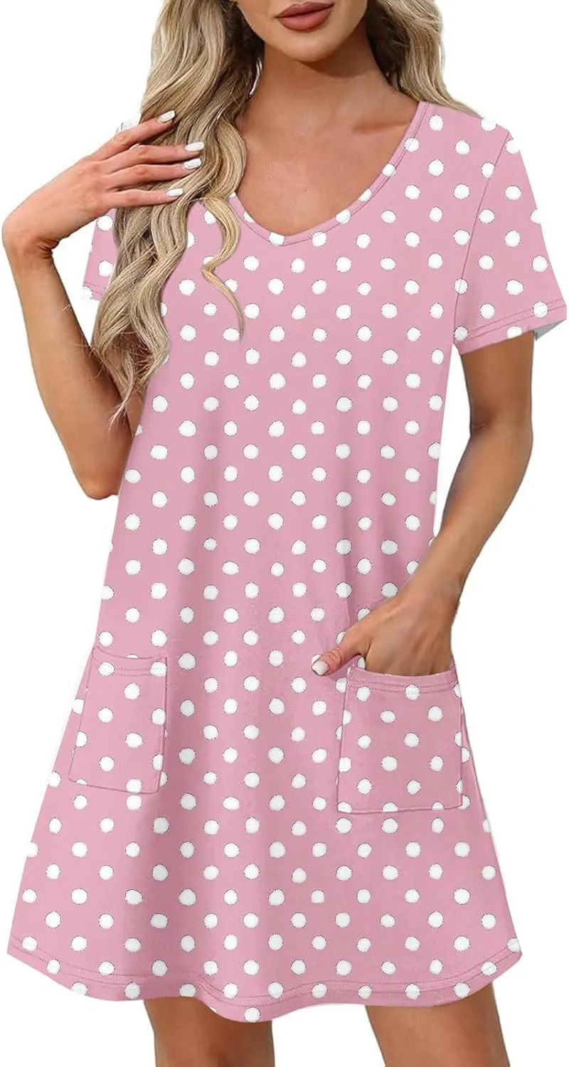 hlysgo Casual Dresses for Women 2025 Summer Polka Dots Tunic Dress Trendy Loose Short Sleeve V Neck Mini Dress with Pockets
