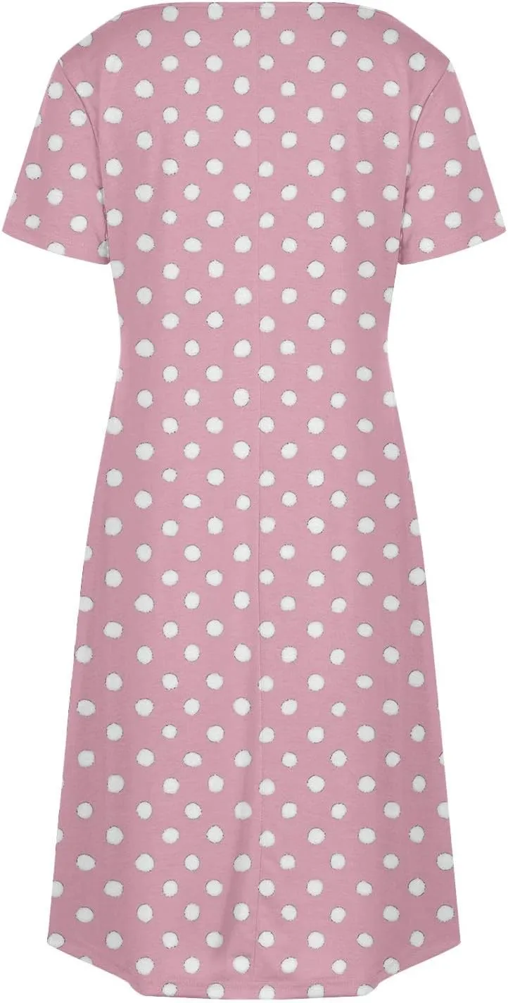 hlysgo Casual Dresses for Women 2025 Summer Polka Dots Tunic Dress Trendy Loose Short Sleeve V Neck Mini Dress with Pockets