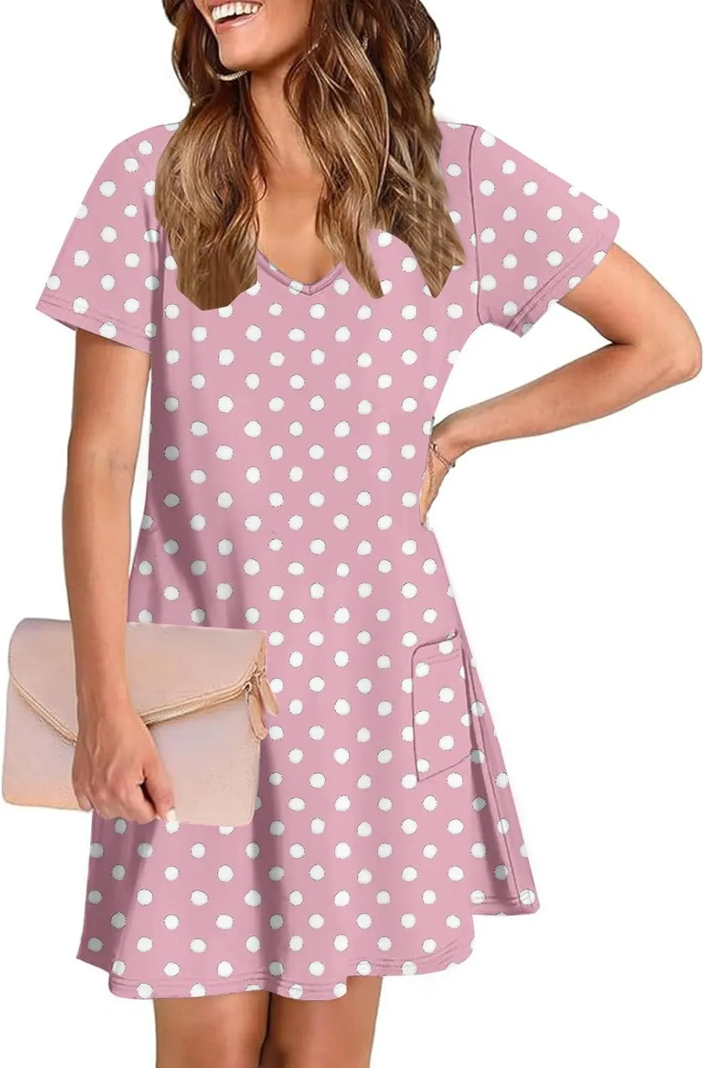hlysgo Casual Dresses for Women 2025 Summer Polka Dots Tunic Dress Trendy Loose Short Sleeve V Neck Mini Dress with Pockets