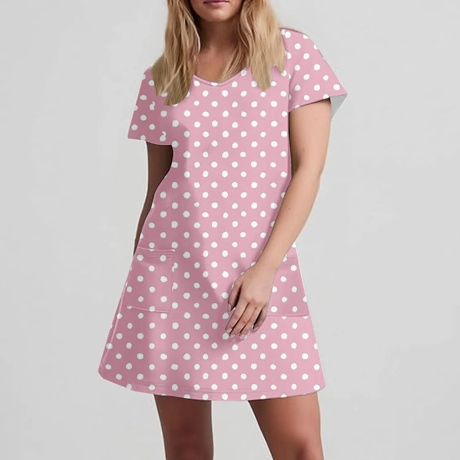 hlysgo Casual Dresses for Women 2025 Summer Polka Dots Tunic Dress Trendy Loose Short Sleeve V Neck Mini Dress with Pockets