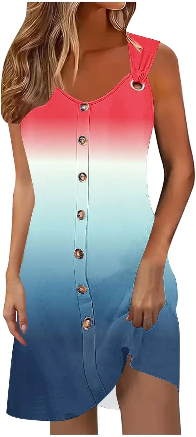hlysgo Mini Dresses for Women Summer Casual Tie-Dye Knee Length Beach Sundress 2025 Vacation Sleeveless V Neck Tank Dress
