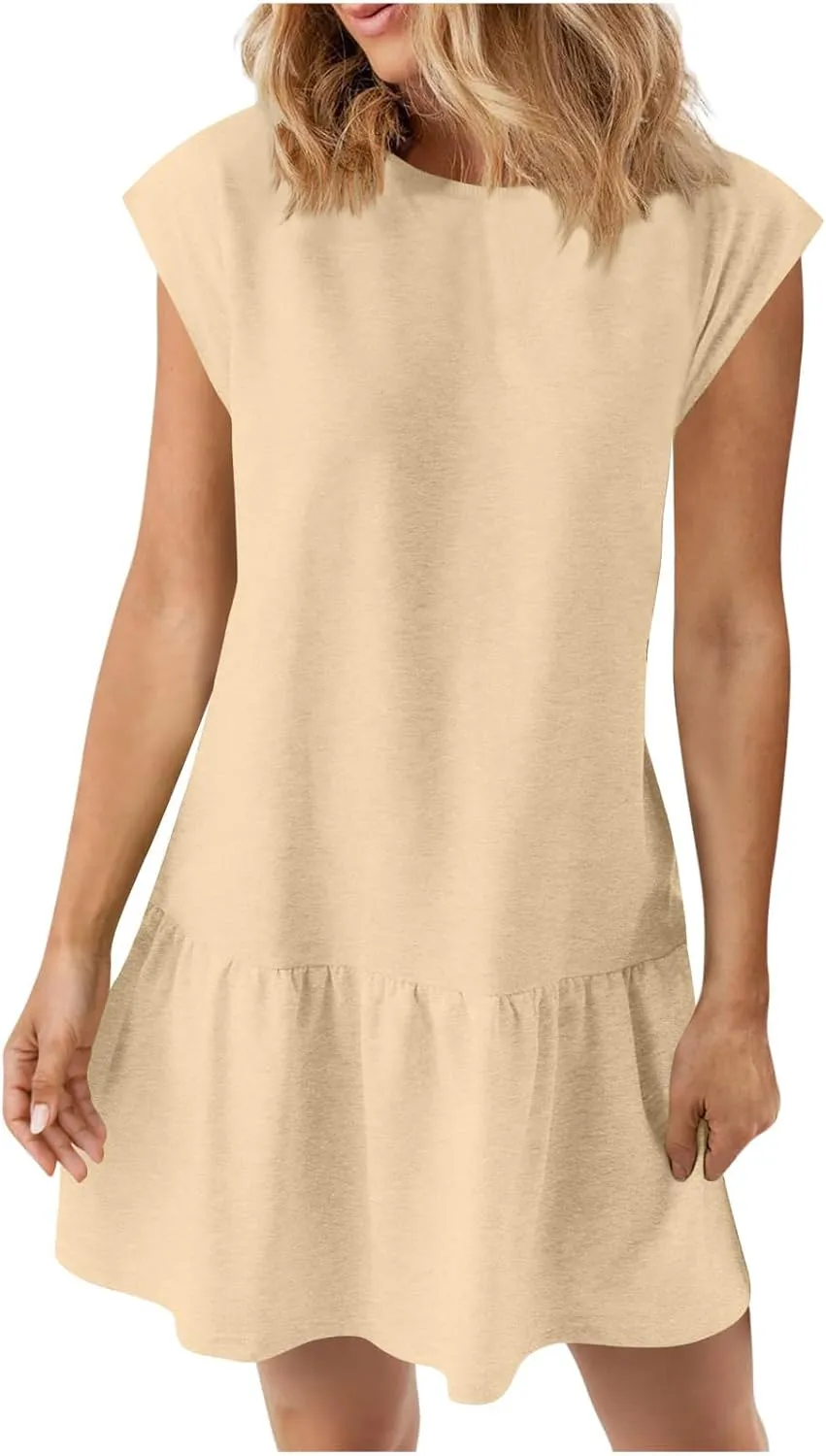 hlysgo Womens Summer T Shirt Dress Casual Loose Fit Cap Sleeve Ruffle Hem Workout Dresses Teen Girls Crewneck Mini Dresses