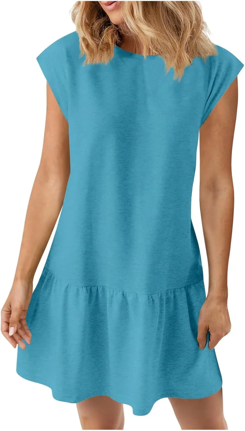 hlysgo Womens Summer T Shirt Dress Casual Loose Fit Cap Sleeve Ruffle Hem Workout Dresses Teen Girls Crewneck Mini Dresses