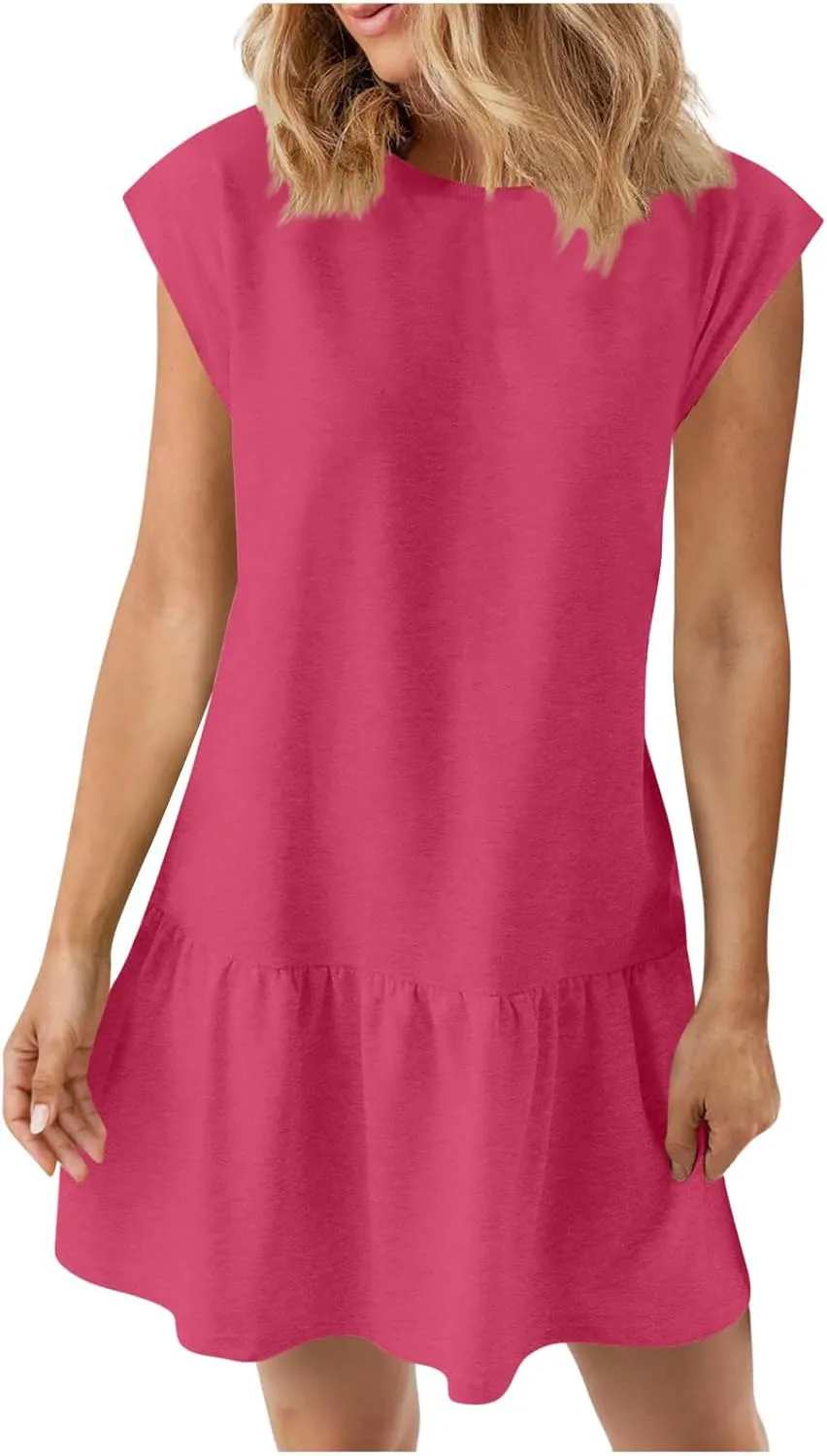 hlysgo Womens Summer T Shirt Dress Casual Loose Fit Cap Sleeve Ruffle Hem Workout Dresses Teen Girls Crewneck Mini Dresses