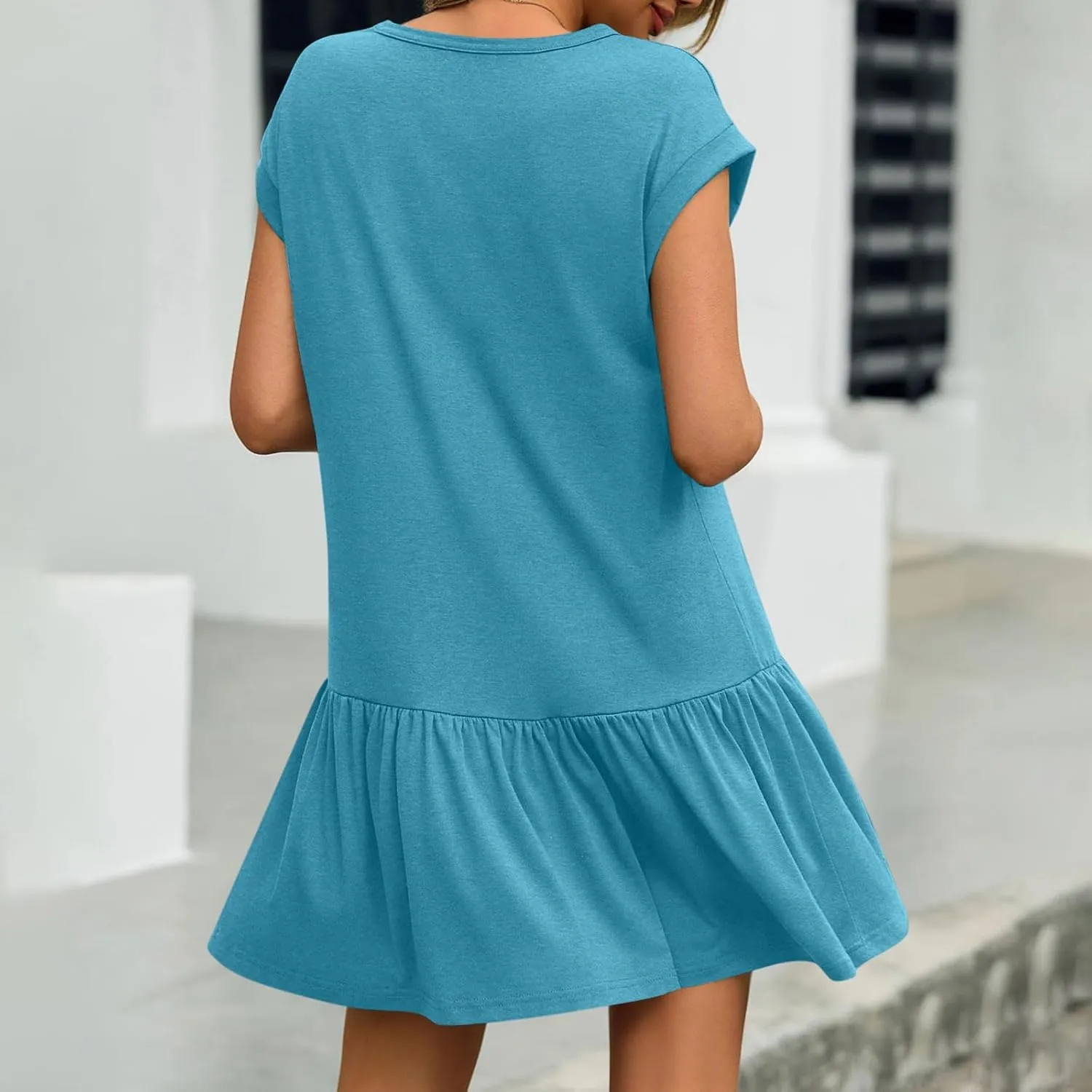 hlysgo Womens Summer T Shirt Dress Casual Loose Fit Cap Sleeve Ruffle Hem Workout Dresses Teen Girls Crewneck Mini Dresses