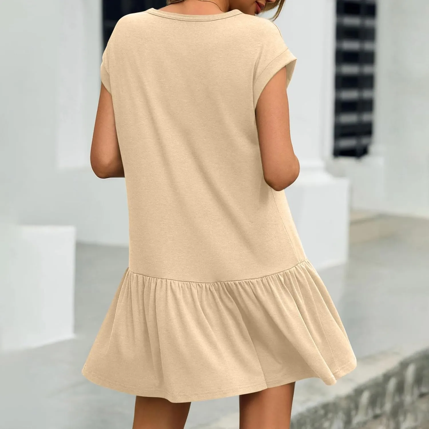 hlysgo Womens Summer T Shirt Dress Casual Loose Fit Cap Sleeve Ruffle Hem Workout Dresses Teen Girls Crewneck Mini Dresses