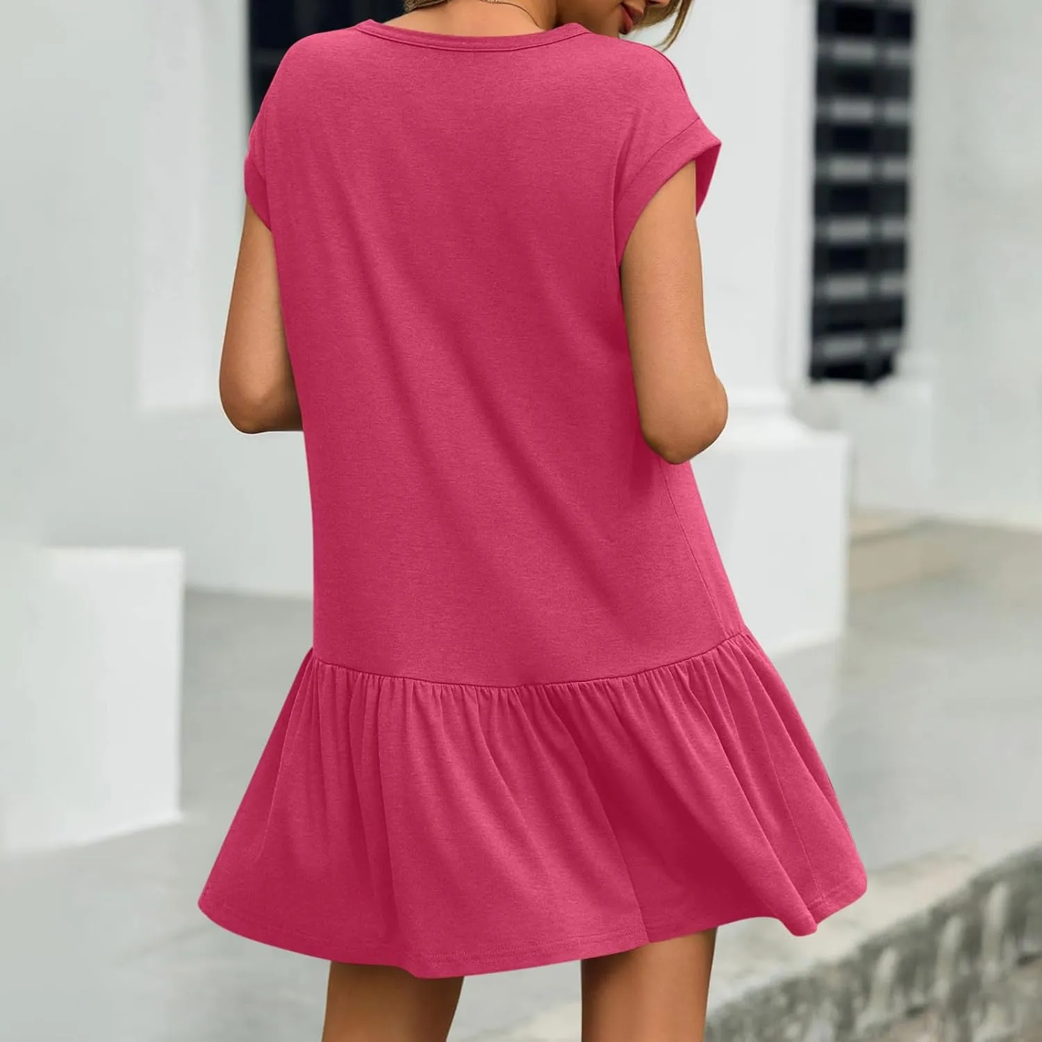 hlysgo Womens Summer T Shirt Dress Casual Loose Fit Cap Sleeve Ruffle Hem Workout Dresses Teen Girls Crewneck Mini Dresses