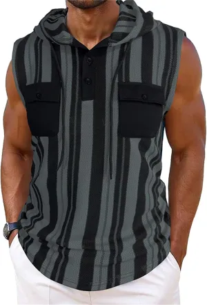 Hooded Tank Top Men Cotton Sleeveless Workout Muscle Shirts Fashion Athletic Stylish Pocket Big and Tall Striped Casual Vest