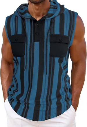 Hooded Tank Top Men Cotton Sleeveless Workout Muscle Shirts Fashion Athletic Stylish Pocket Big and Tall Striped Casual Vest