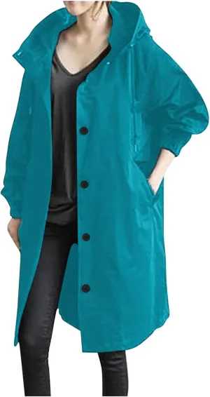 Hooded Trench Coat Women Waterproof Long Rain Jacket Button Up Hooded Windbreaker Lightweight Raincoats,Pockets