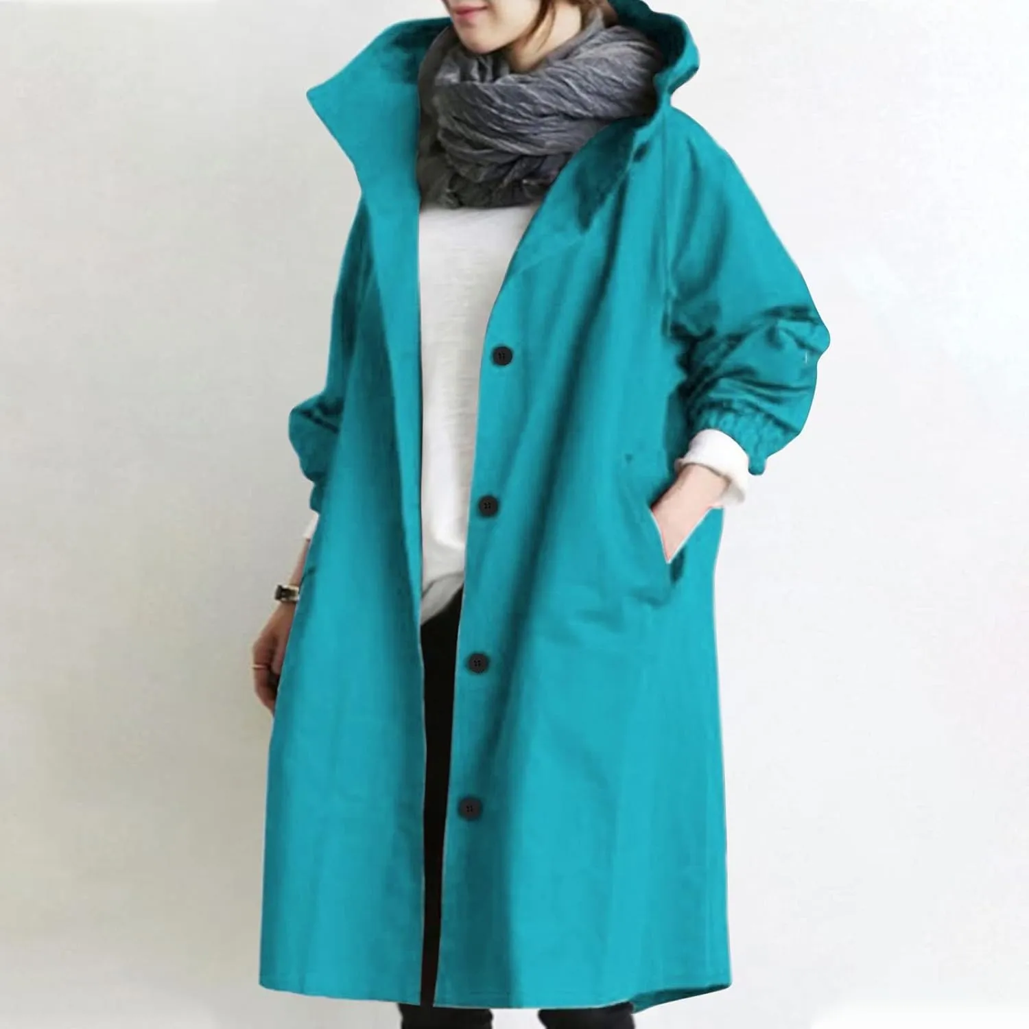 Hooded Trench Coat Women Waterproof Long Rain Jacket Button Up Hooded Windbreaker Lightweight Raincoats,Pockets