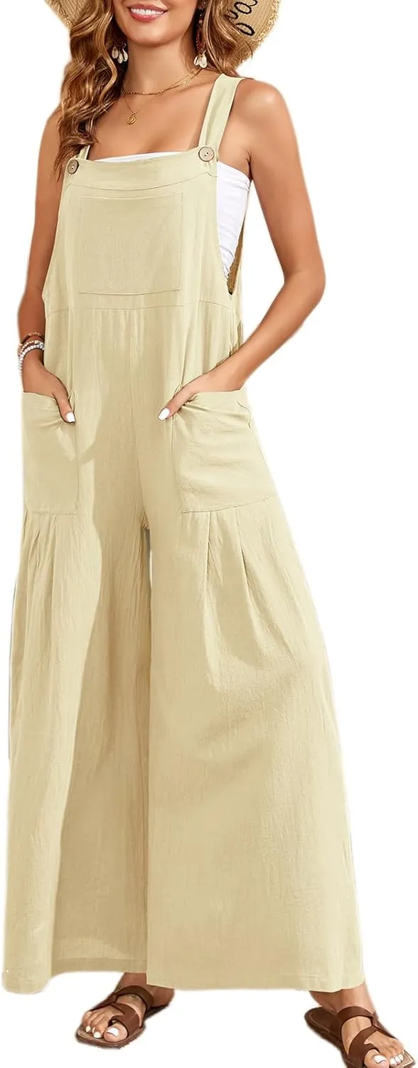 HOTIAN Overalls for Women, Loose Fit Causal Sleeveless Jumpsuits Loose Wide Leg Summer Rompers Jumpers with Pockets