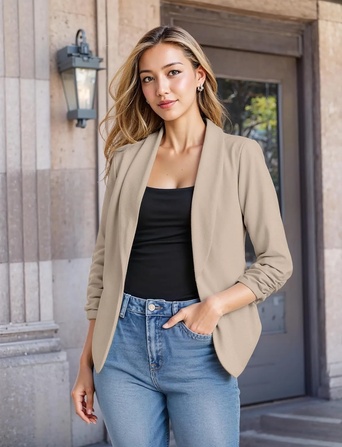 Hybrid & Company Lightweight Open Front Cardigan Classic Ruched Sleeve Work Office Blazer Suit Jackets