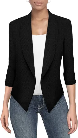 Hybrid & Company Lightweight Open Front Cardigan Classic Ruched Sleeve Work Office Blazer Suit Jackets