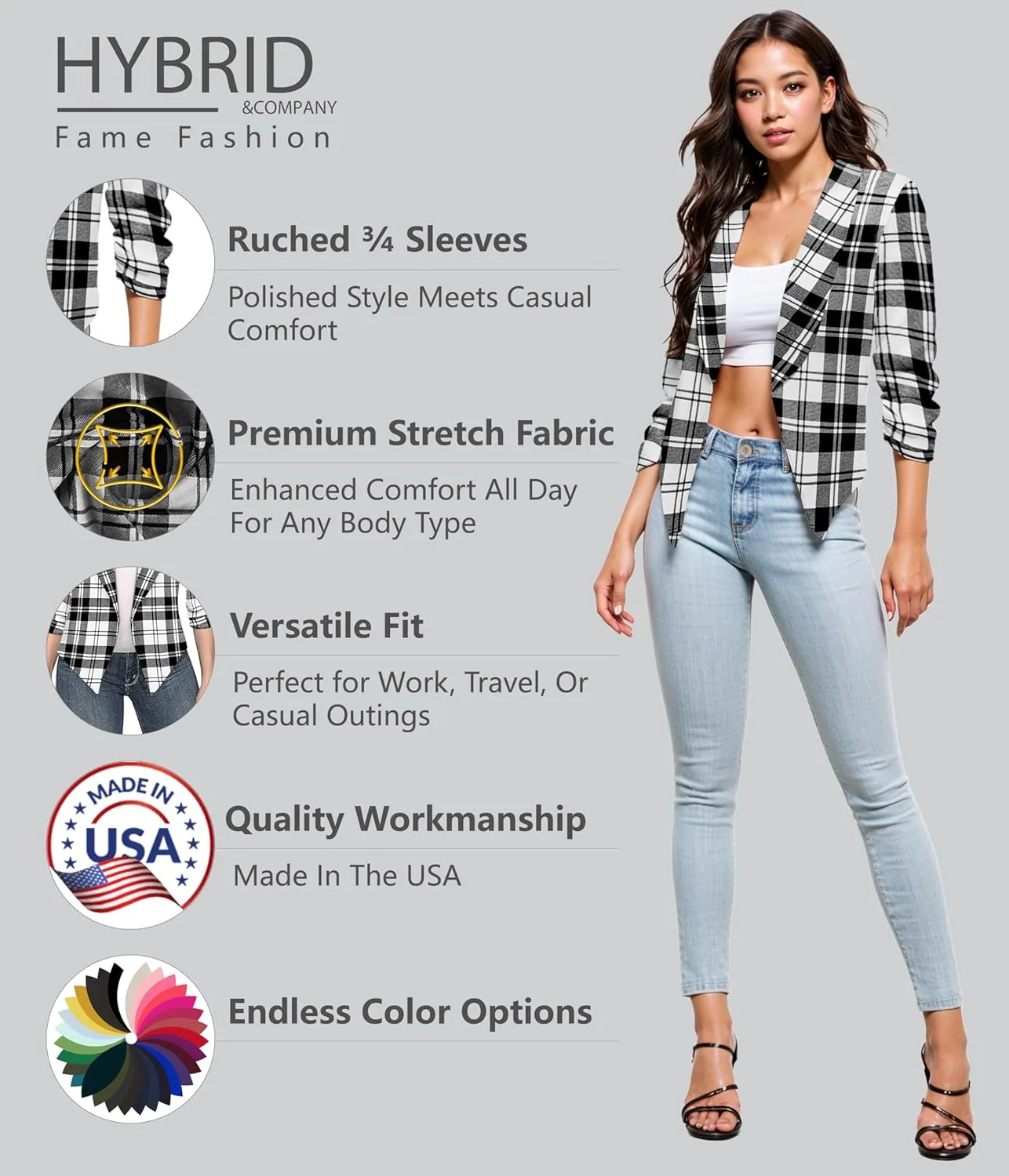 Hybrid & Company Lightweight Open Front Cardigan Classic Ruched Sleeve Work Office Blazer Suit Jackets