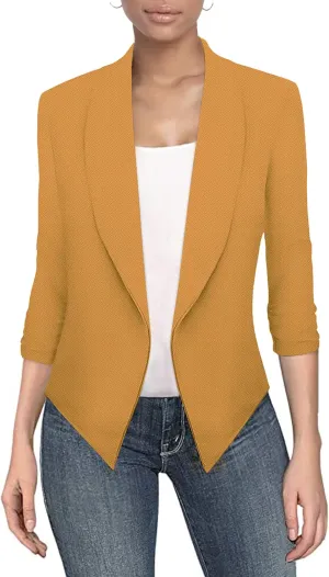 Hybrid & Company Lightweight Open Front Cardigan Classic Ruched Sleeve Work Office Blazer Suit Jackets
