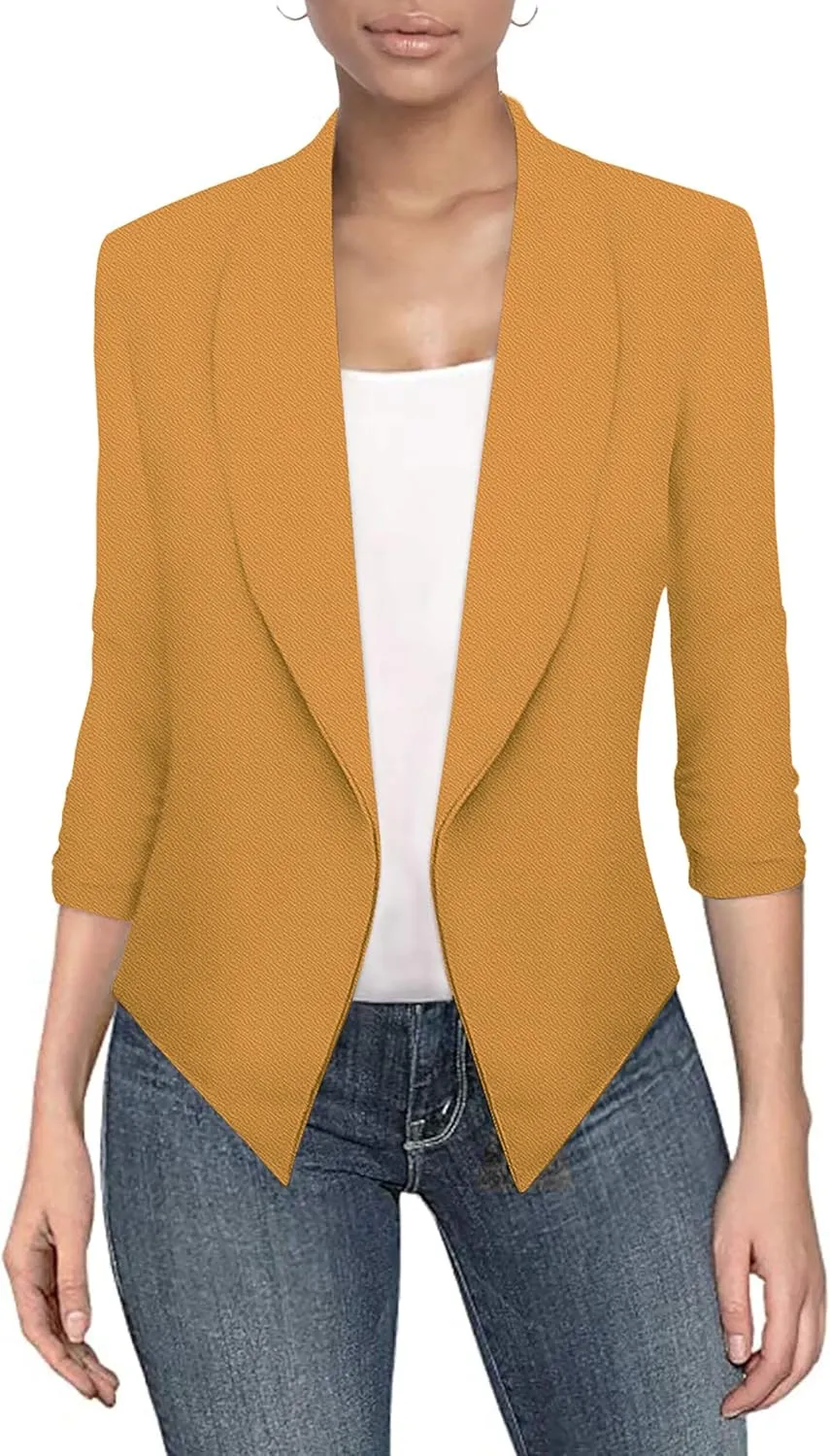 Hybrid & Company Lightweight Open Front Cardigan Classic Ruched Sleeve Work Office Blazer Suit Jackets