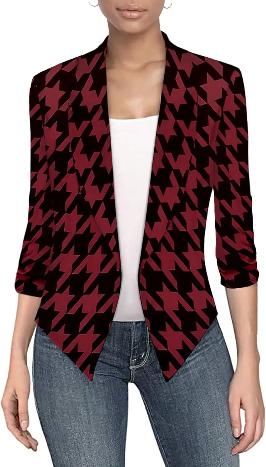 Hybrid & Company Lightweight Open Front Cardigan Classic Ruched Sleeve Work Office Blazer Suit Jackets