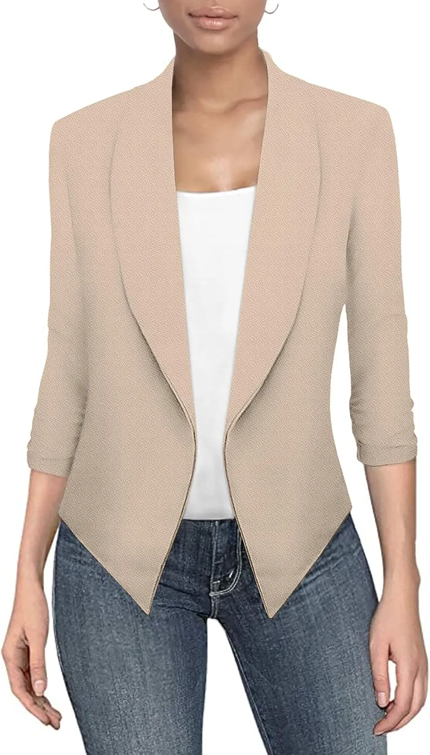 Hybrid & Company Lightweight Open Front Cardigan Classic Ruched Sleeve Work Office Blazer Suit Jackets