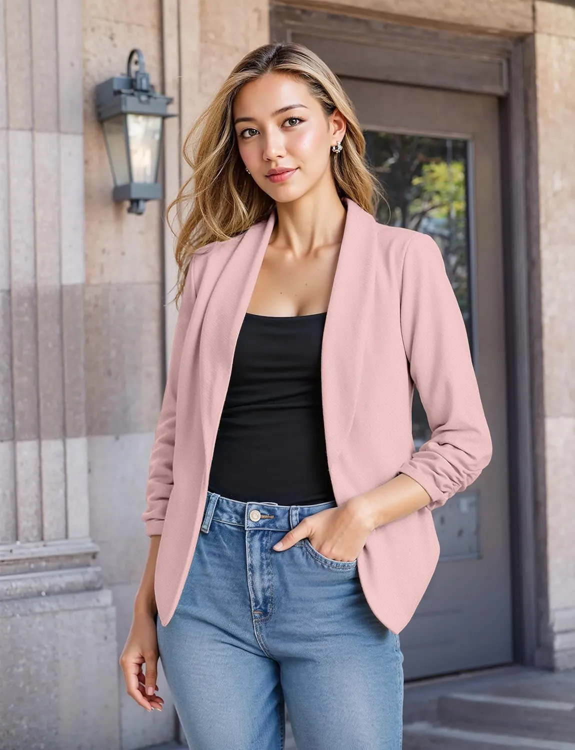 Hybrid & Company Lightweight Open Front Cardigan Classic Ruched Sleeve Work Office Blazer Suit Jackets
