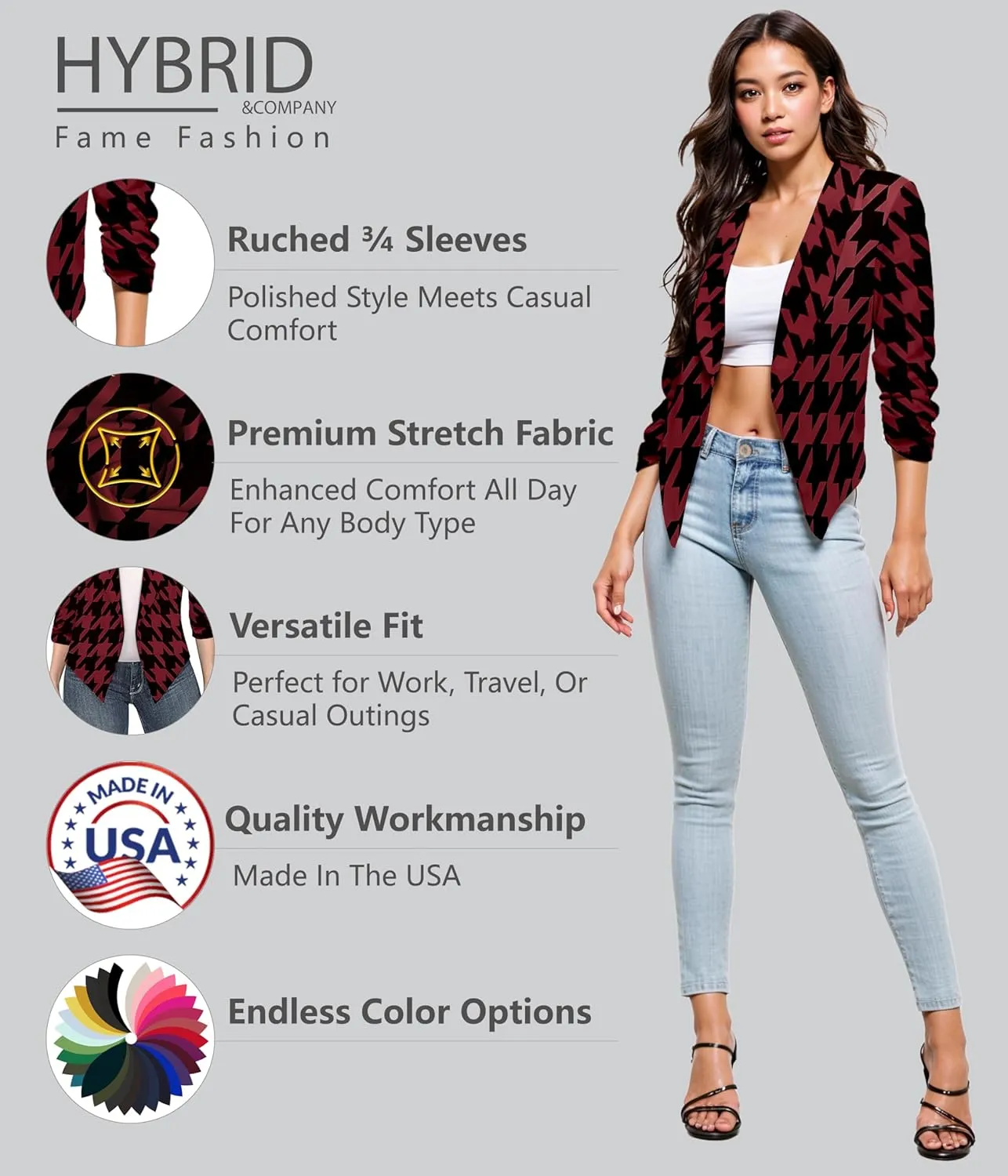 Hybrid & Company Lightweight Open Front Cardigan Classic Ruched Sleeve Work Office Blazer Suit Jackets