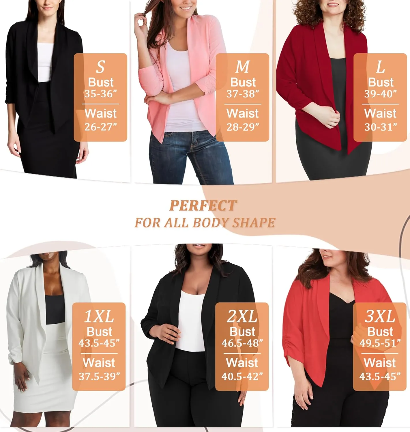Hybrid & Company Lightweight Open Front Cardigan Classic Ruched Sleeve Work Office Blazer Suit Jackets