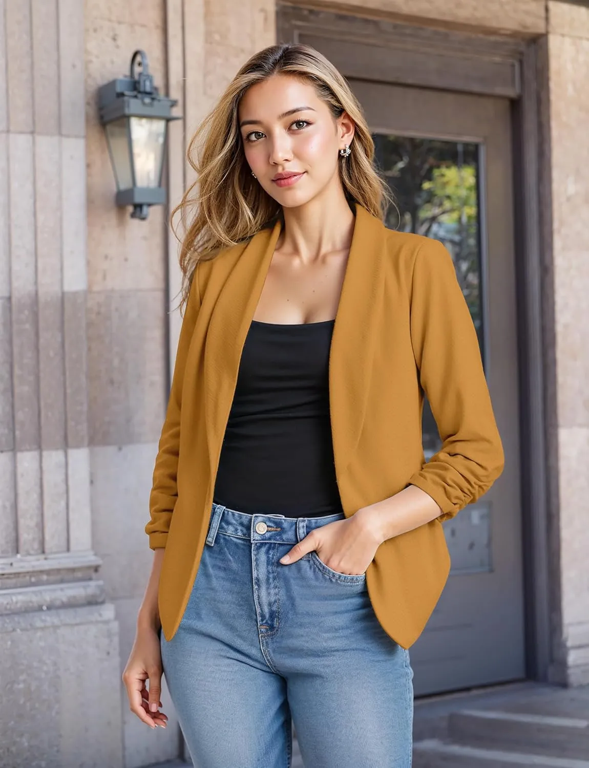 Hybrid & Company Lightweight Open Front Cardigan Classic Ruched Sleeve Work Office Blazer Suit Jackets