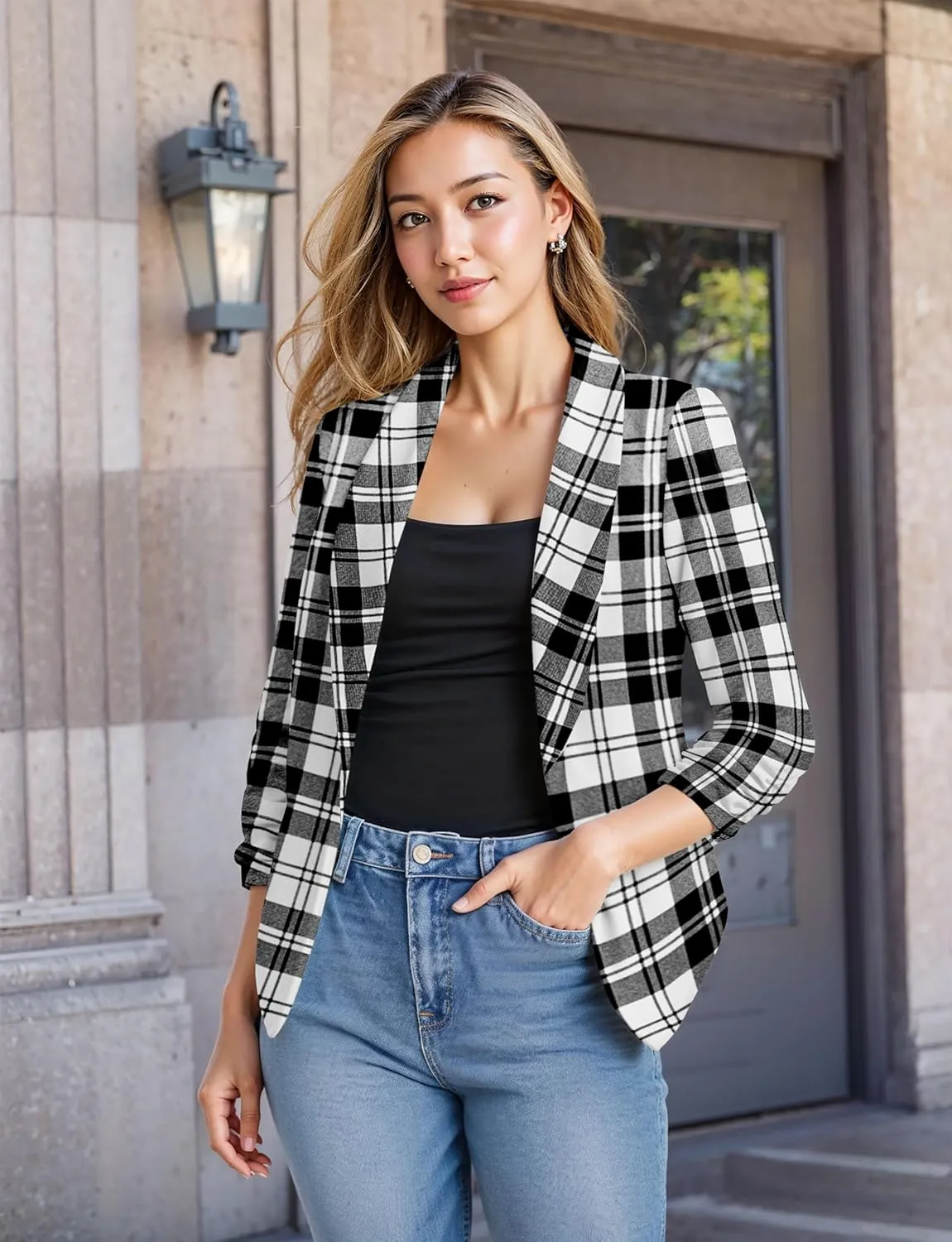Hybrid & Company Lightweight Open Front Cardigan Classic Ruched Sleeve Work Office Blazer Suit Jackets