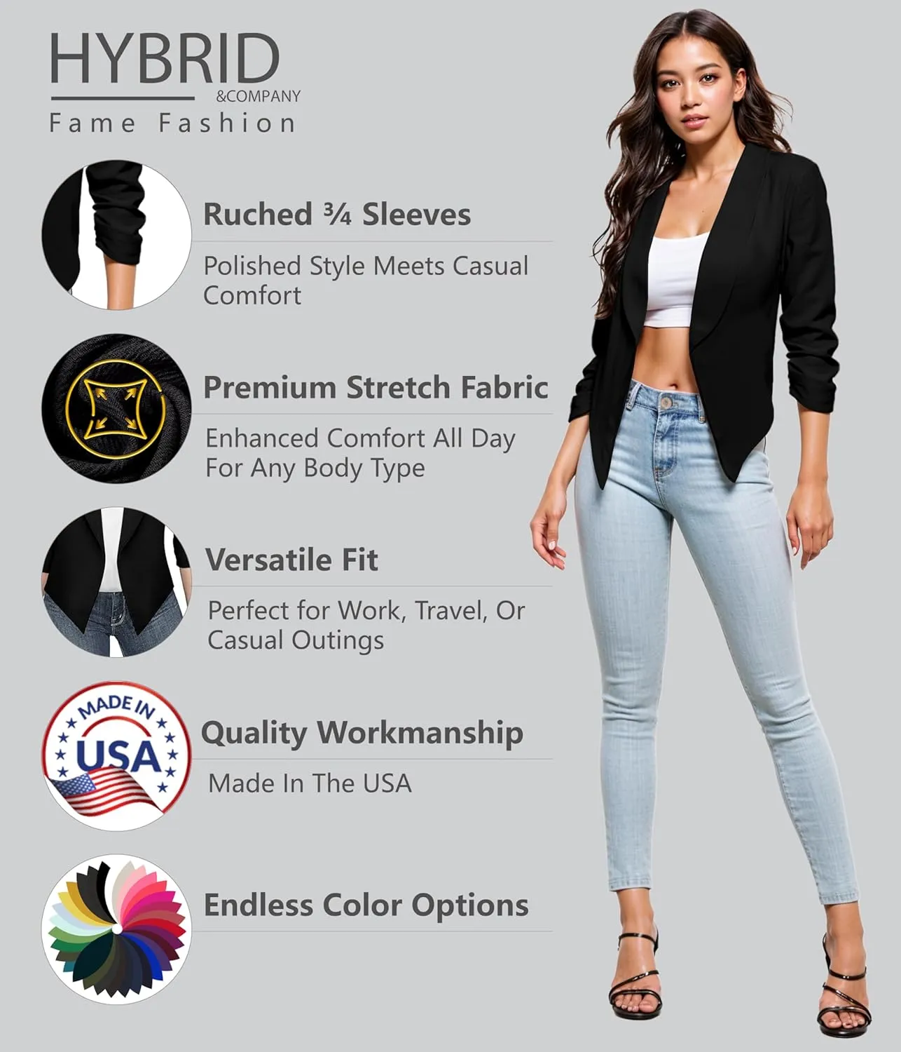 Hybrid & Company Lightweight Open Front Cardigan Classic Ruched Sleeve Work Office Blazer Suit Jackets