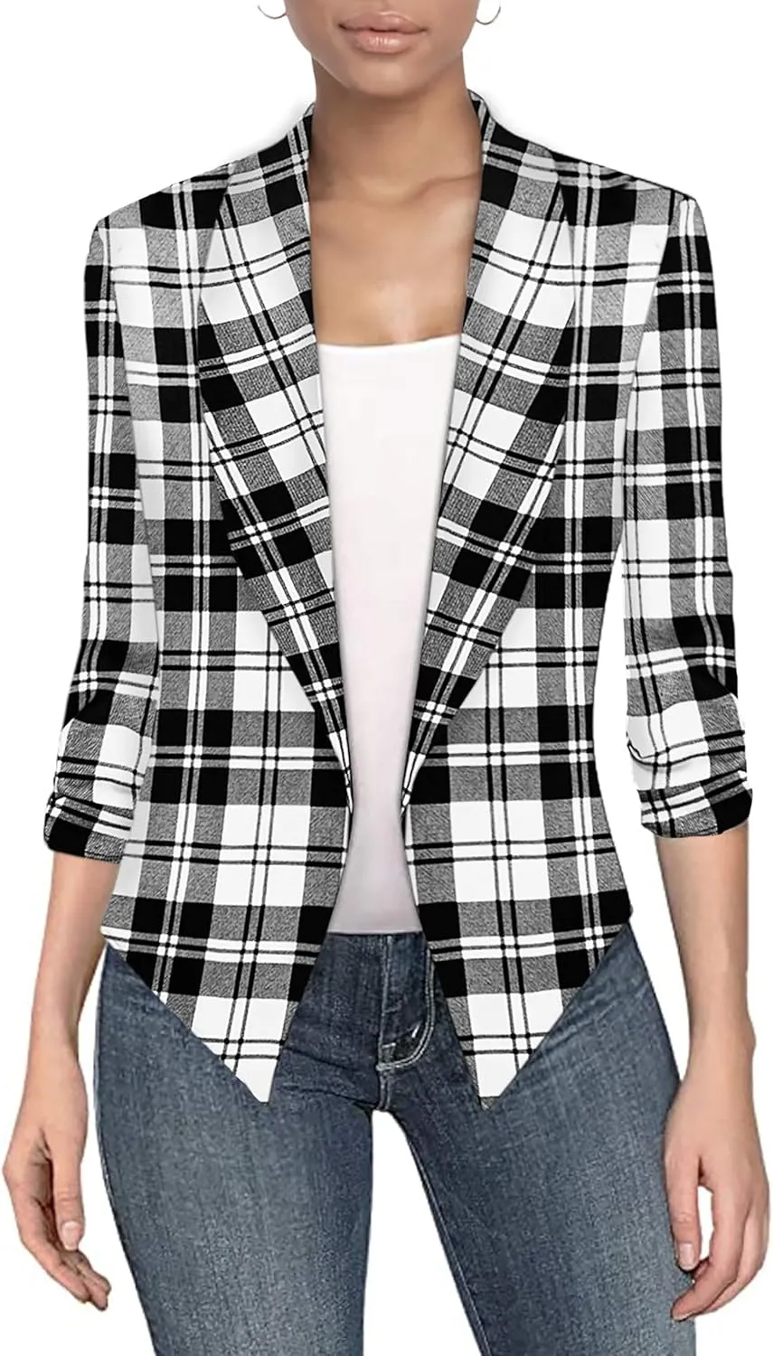 Hybrid & Company Lightweight Open Front Cardigan Classic Ruched Sleeve Work Office Blazer Suit Jackets