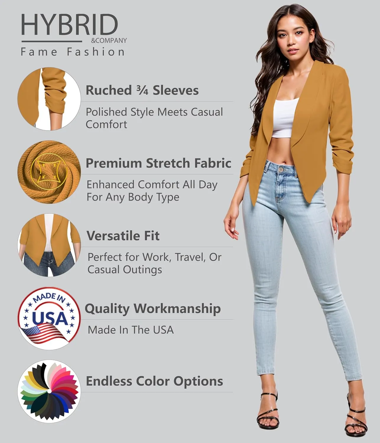 Hybrid & Company Lightweight Open Front Cardigan Classic Ruched Sleeve Work Office Blazer Suit Jackets