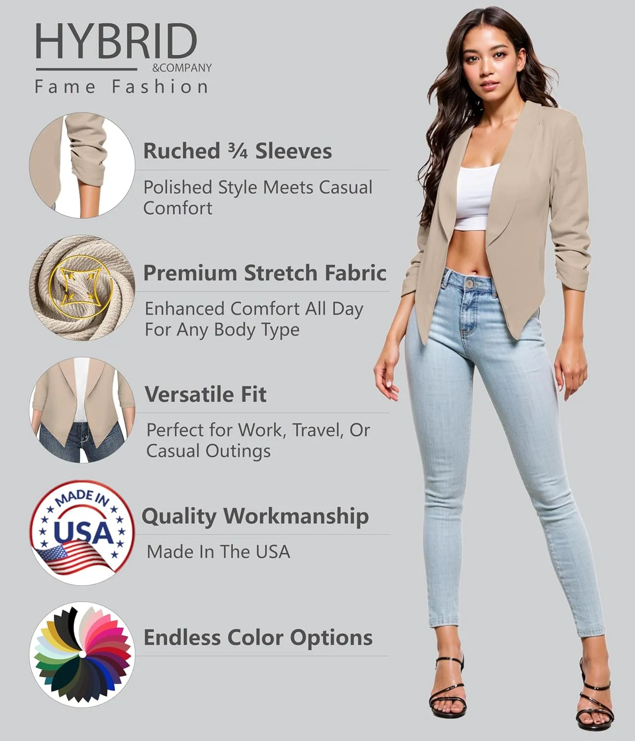 Hybrid & Company Lightweight Open Front Cardigan Classic Ruched Sleeve Work Office Blazer Suit Jackets