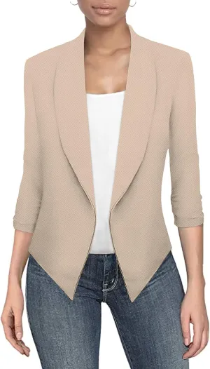 Hybrid & Company Lightweight Open Front Cardigan Classic Ruched Sleeve Work Office Blazer Suit Jackets