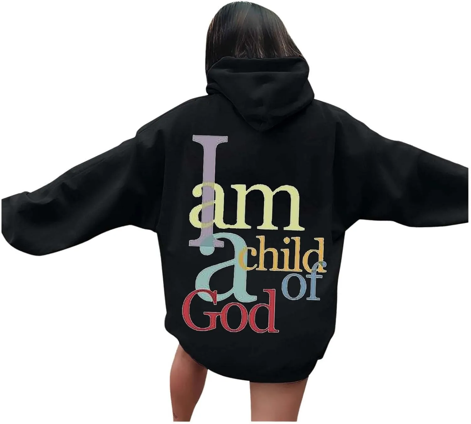I Am A Child of God Sweatshirt for Women Trendy Letter Print Long Sleeve Hoodie Oversized Casual Drawstring Sweatshirts