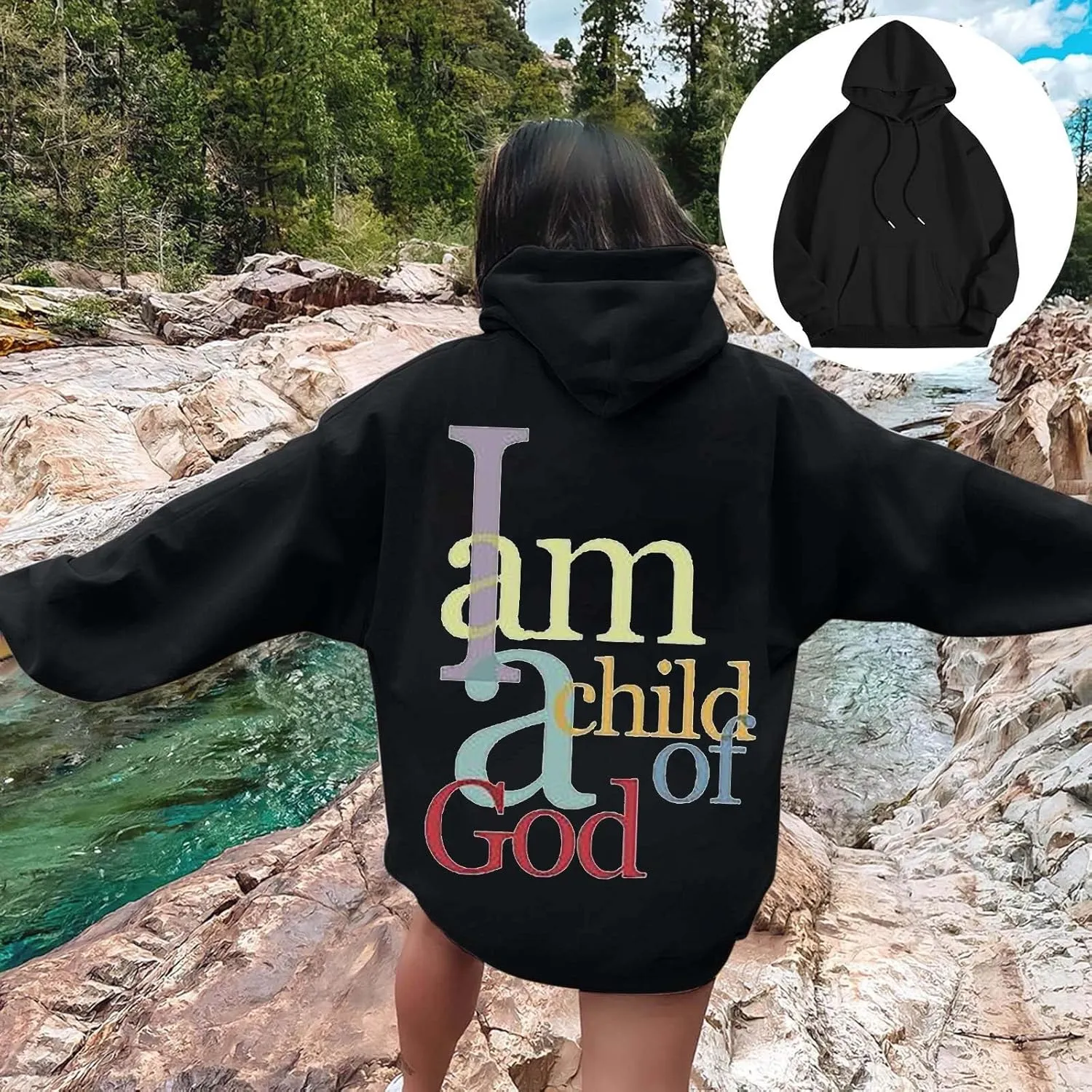 I Am A Child of God Sweatshirt for Women Trendy Letter Print Long Sleeve Hoodie Oversized Casual Drawstring Sweatshirts