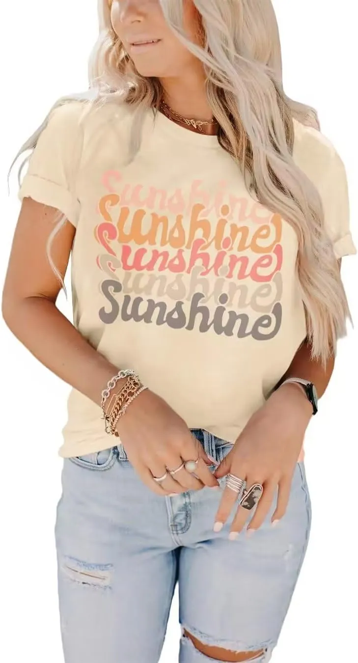 INFITTY Womens Funny Letters Print T Shirts Short Sleeve Shirts Cute Sunshine Graphic Tees Summer Casual Loose Tops