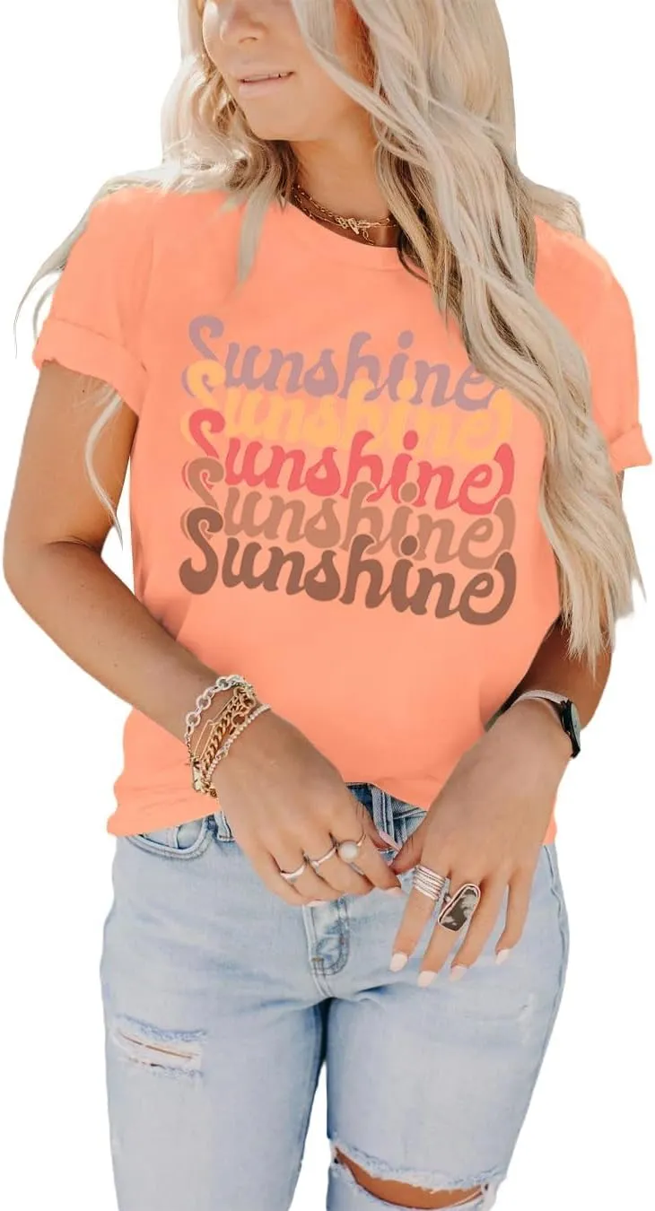 INFITTY Womens Funny Letters Print T Shirts Short Sleeve Shirts Cute Sunshine Graphic Tees Summer Casual Loose Tops