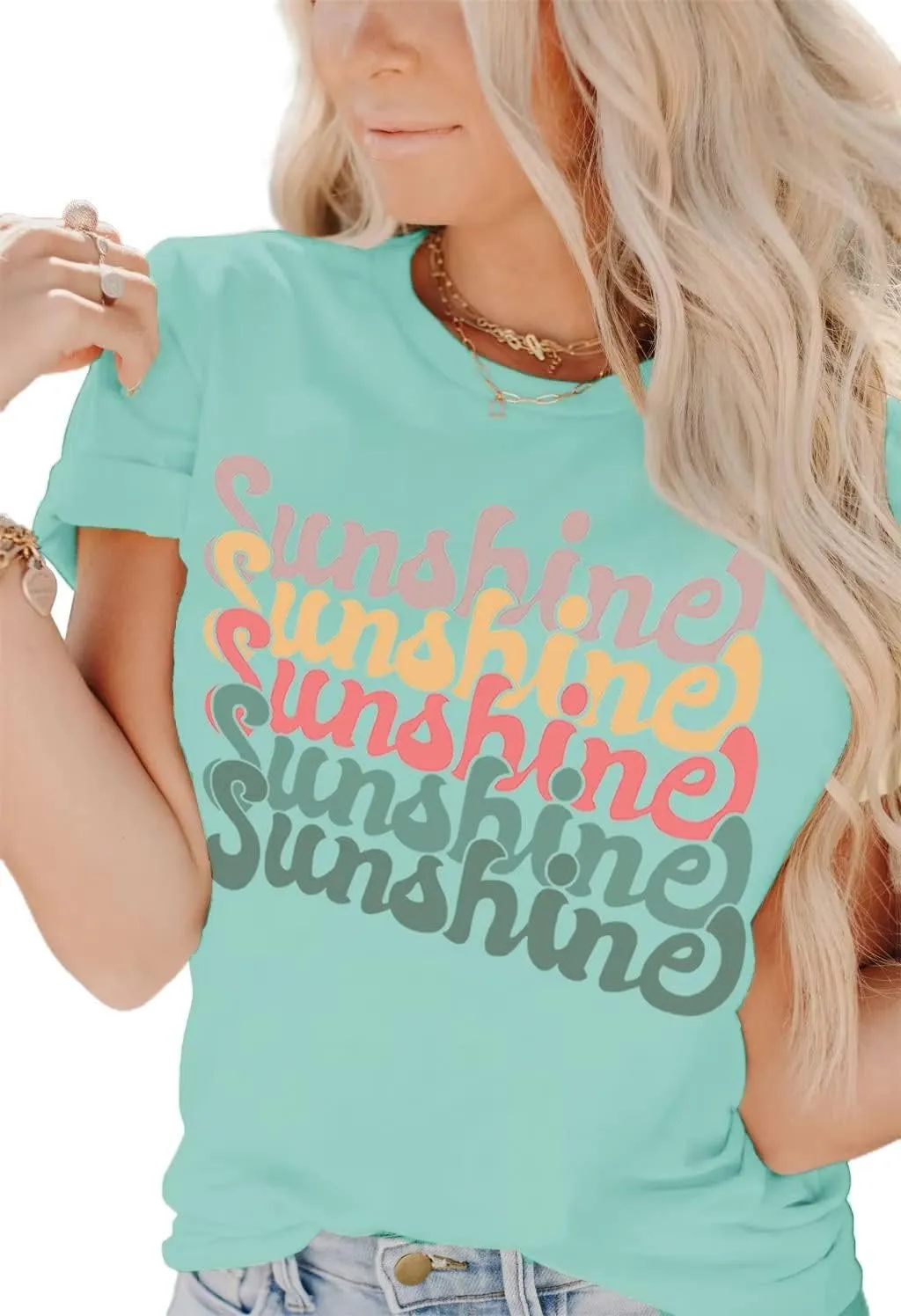 INFITTY Womens Funny Letters Print T Shirts Short Sleeve Shirts Cute Sunshine Graphic Tees Summer Casual Loose Tops
