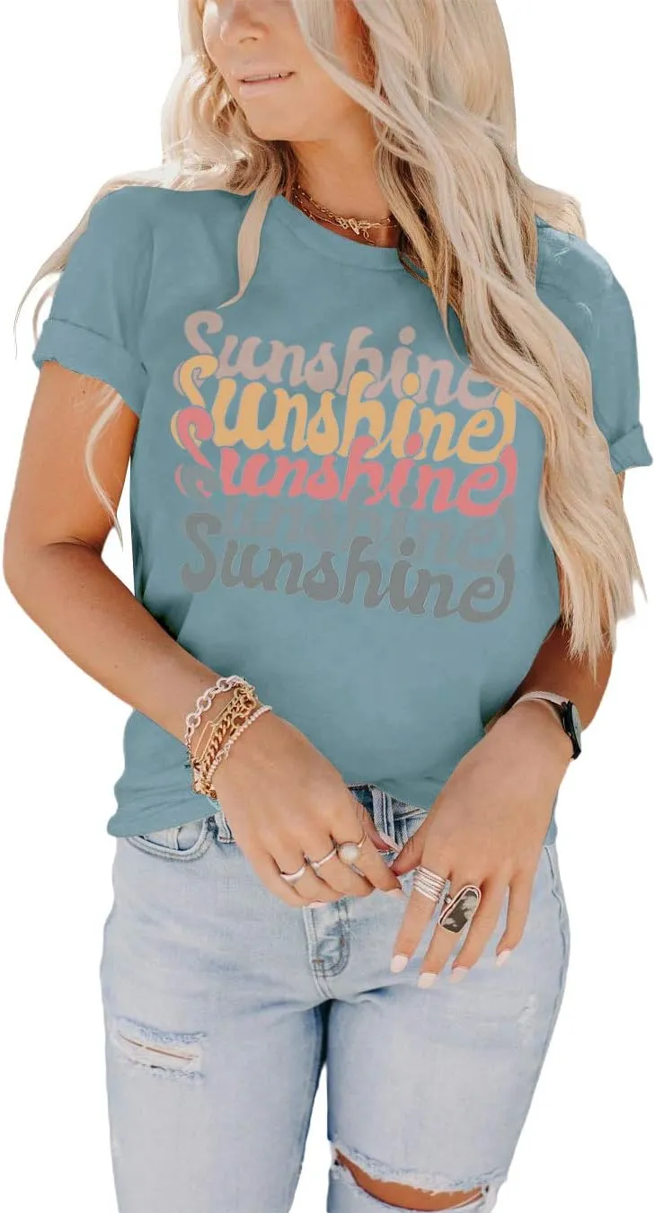 INFITTY Womens Funny Letters Print T Shirts Short Sleeve Shirts Cute Sunshine Graphic Tees Summer Casual Loose Tops