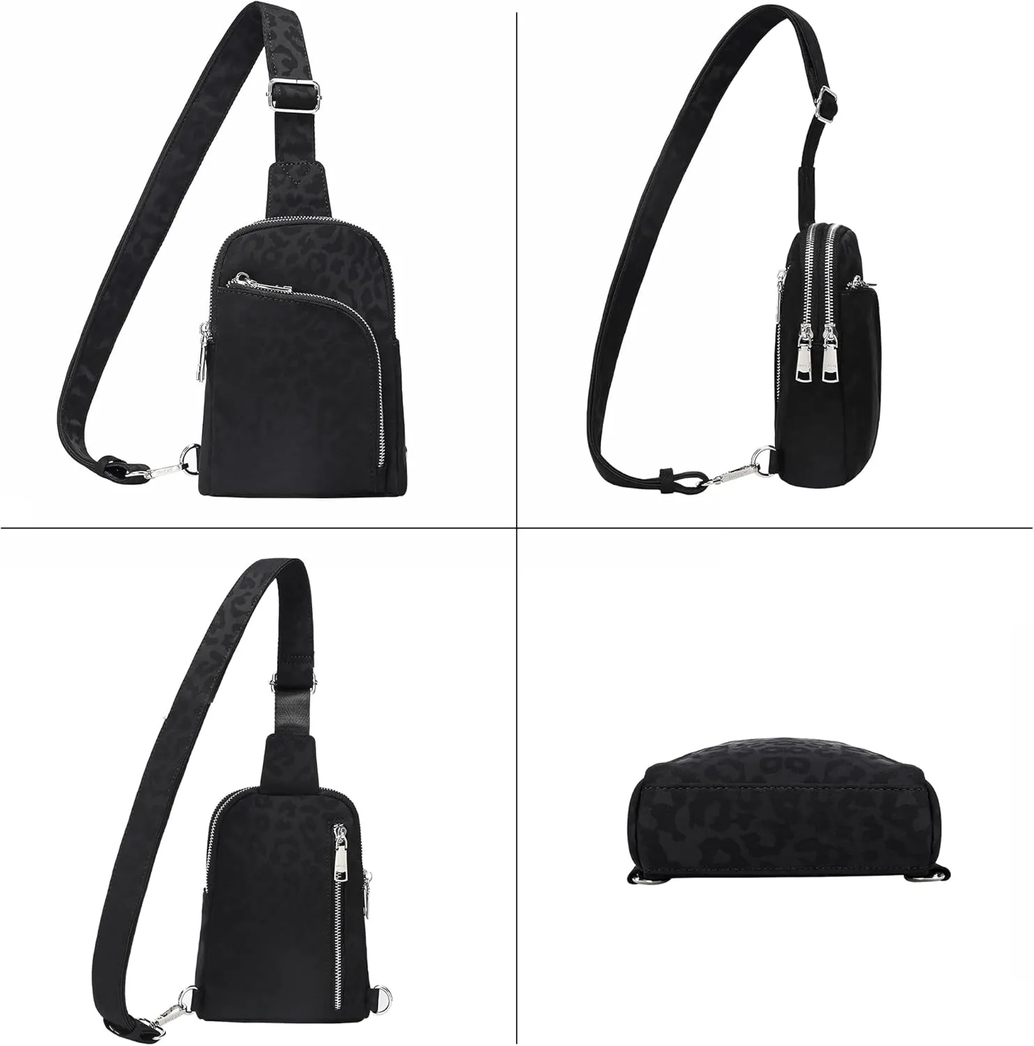 INICAT RFID Blocking Nylon Crossbody Bag for Women Small Sling Bag Travel Fanny Packs Belt Bag(Leopard-black)